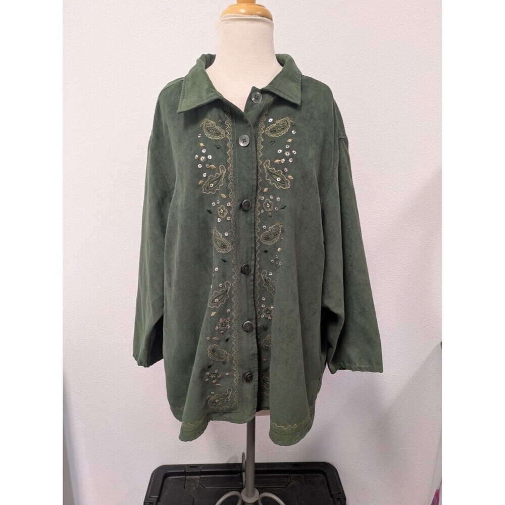 Vintage Erika Forest Green Faux Suede Top sz 3X Beaded Gold Trim Feminine Retro